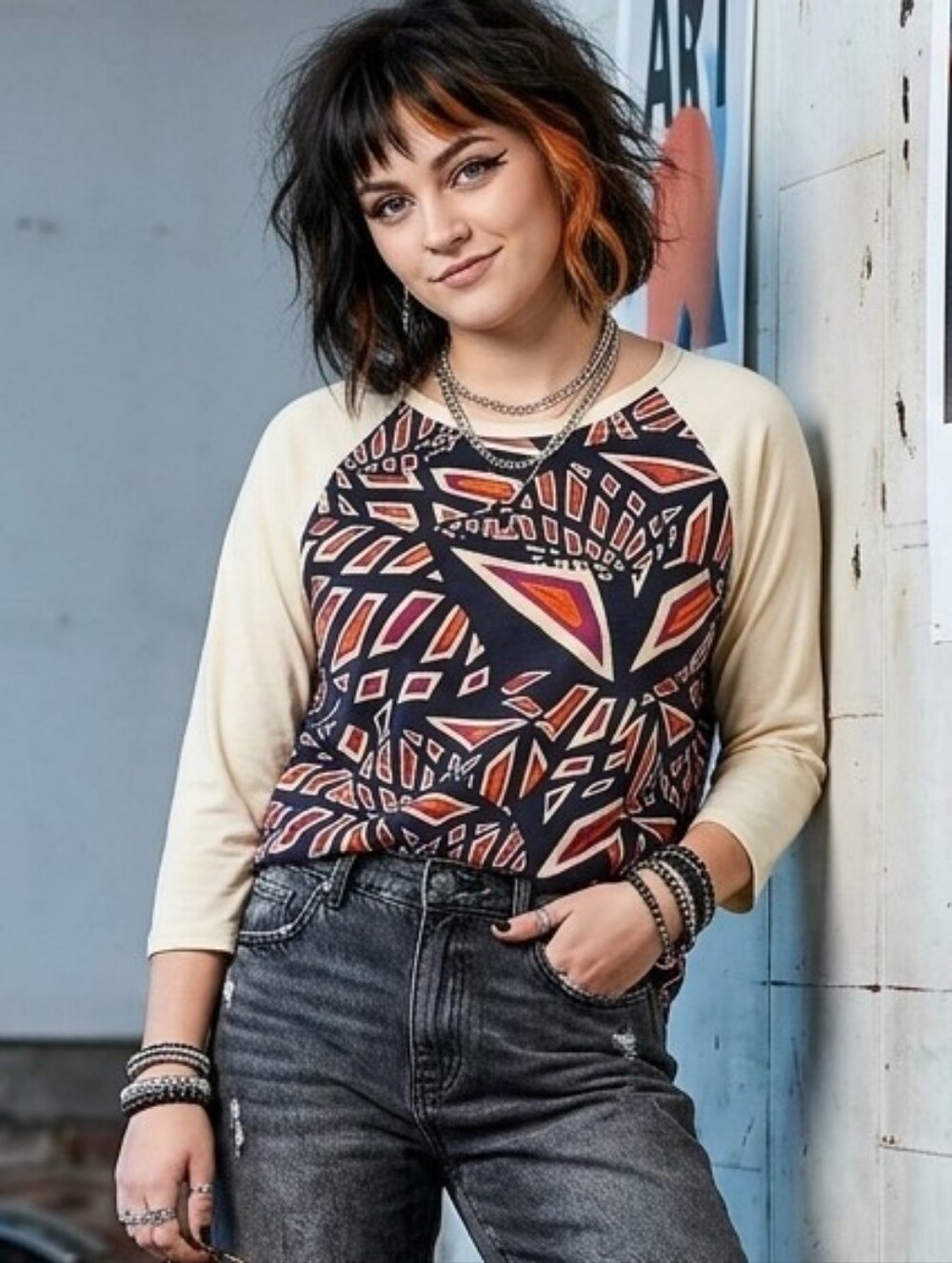 LuLaRoe Orange, Black, Cream Geometric Pattern Randy Mid-Sleeved Shirt Size L